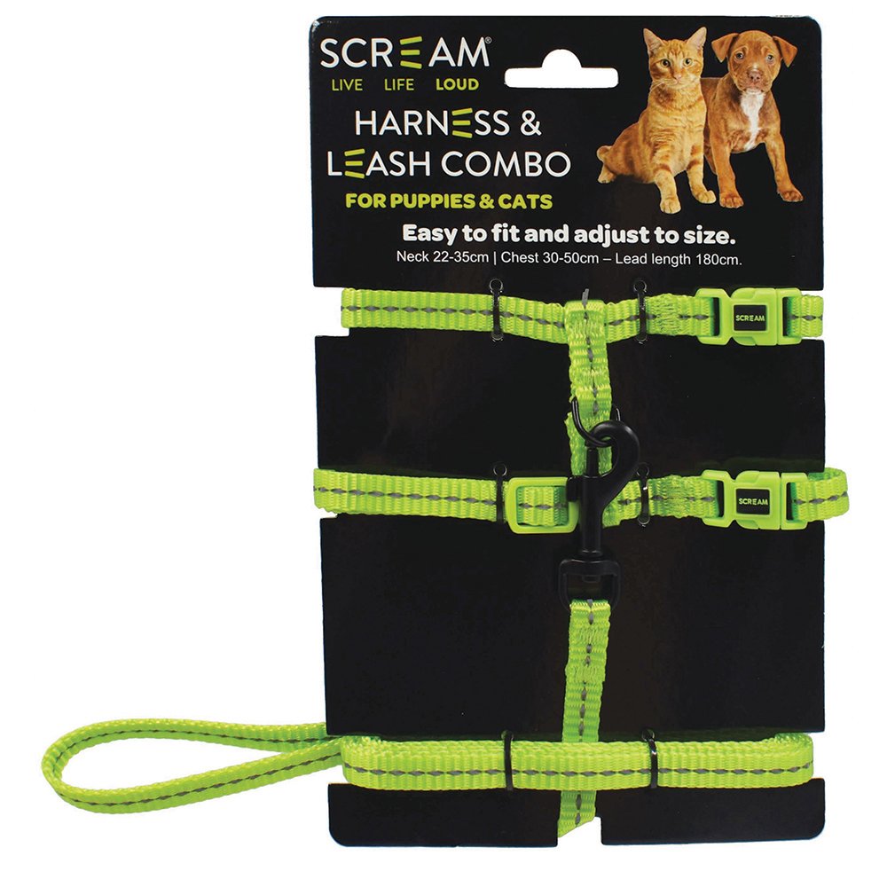 SCREAM REFLECTIVE CAT & PUPPY HARNESS WITH LEAD GREEN