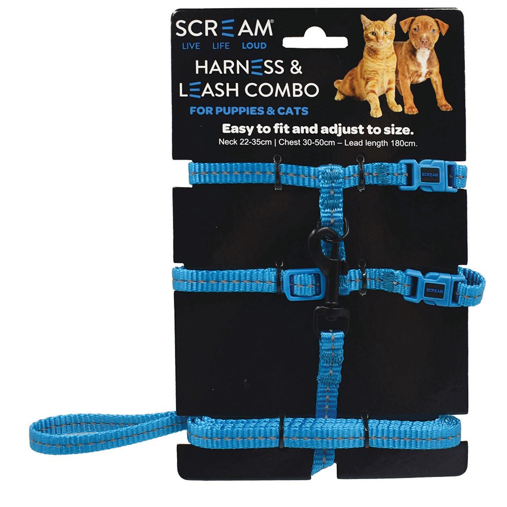 SCREAM REFLECTIVE CAT & PUPPY HARNESS WITH LEAD BLUE