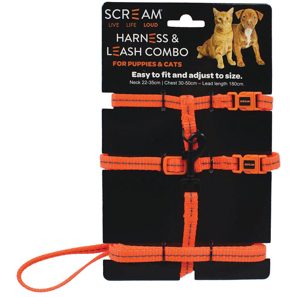 SCREAM REFLECTIVE CAT & PUPPY HARNESS WITH LEAD ORANGE
