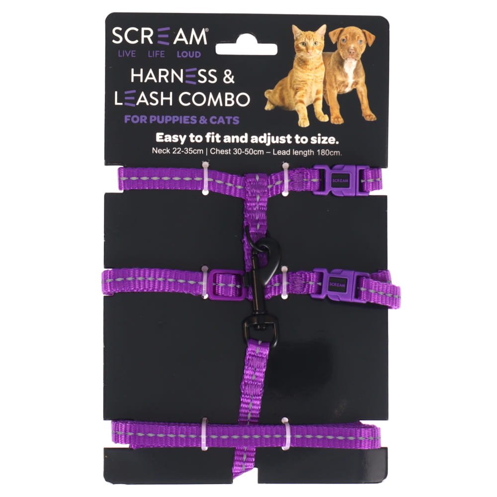 SCREAM REFLECTIVE CAT & PUPPY HARNESS WITH LEAD PURPLE