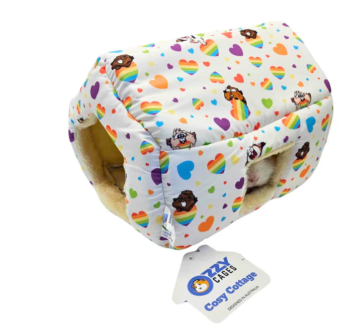 OZZY PETS COSY COTTAGE SMALL ANIMAL BED RAINBOW HEARTS