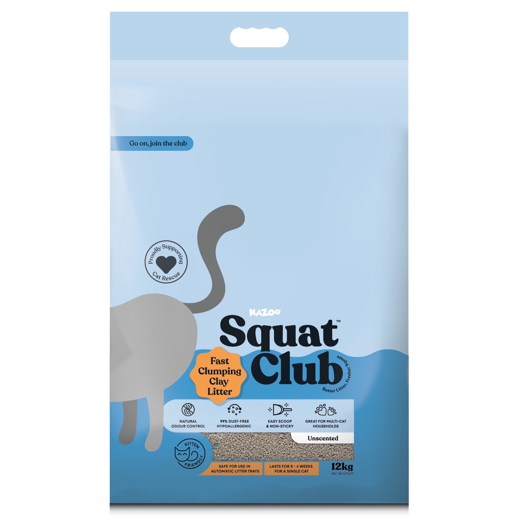 SQUAT CLUB FAST CLUMPING CLAY CAT LITTER UNSCENTED 12KG