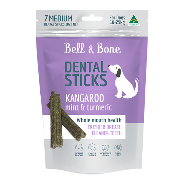 BELL & BONE DENTAL STICKS MEDIUM DOGS KANGAROO,MINT,TURMERIC 7PK