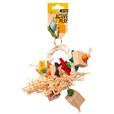 AVIONE BIRD TOY RATTAN HOOP WITH BEADS & BLOCKS 24CM